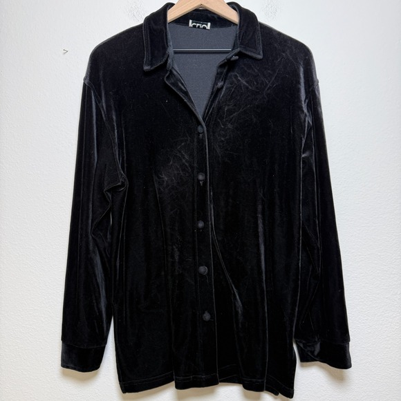 VTG Clio Velour Button Front Top Large Black Casual Lagenlook Classic Cozy - Picture 1 of 6